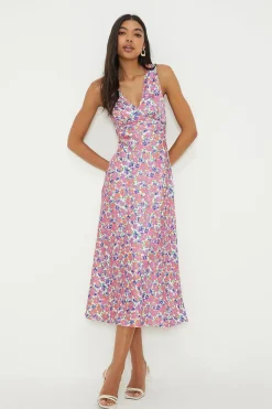 Robe Midi Biais À Col V Imprimé Fleuri Rose
