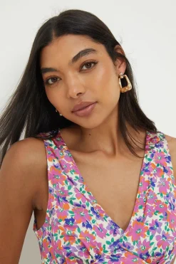 Robe Midi Biais À Col V Imprimé Fleuri Rose