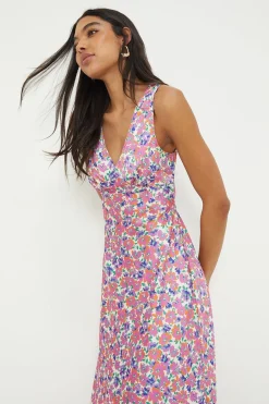 Robe Midi Biais À Col V Imprimé Fleuri Rose