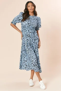 Robe Midi Bleue à Imprimé Animal avec Corsage Froncé et Manches Bouffantes