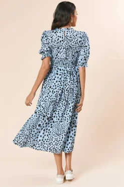 Robe Midi Bleue à Imprimé Animal avec Corsage Froncé et Manches Bouffantes