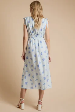 Robe Midi Bleue À Imprimé Coquillages Avec Encolure En V Et Bretelles À Cordon Coulissant