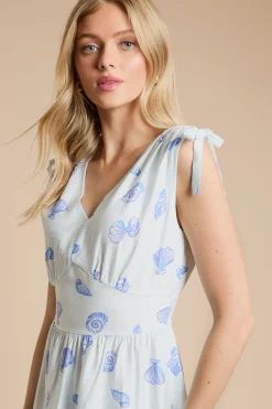 Robe Midi Bleue À Imprimé Coquillages Avec Encolure En V Et Bretelles À Cordon Coulissant