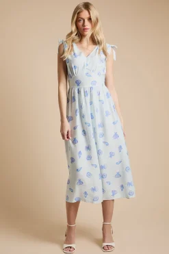 Robe Midi Bleue À Imprimé Coquillages Avec Encolure En V Et Bretelles À Cordon Coulissant