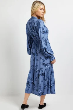 Robe Midi Bleue À Imprimé Fleuri Avec Couture Empire Et Détails À Volants