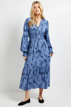 Robe Midi Bleue À Imprimé Fleuri Avec Couture Empire Et Détails À Volants