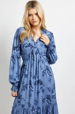 Robe Midi Bleue À Imprimé Fleuri Avec Couture Empire Et Détails À Volants