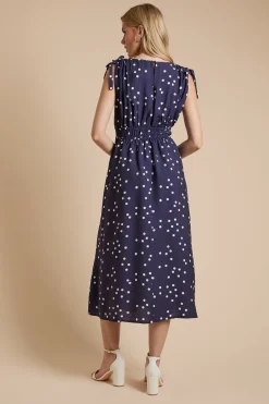 Robe Midi Bleu Marine À Pois Avec Encolure En V Et Liens D'épaule À Nouer