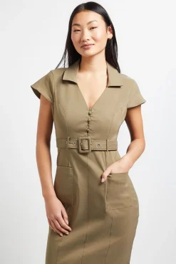 Robe Midi Boutonnée avec Ceinture Petite Taille