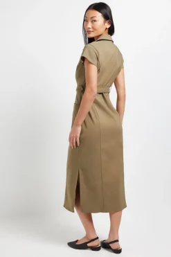 Robe Midi Boutonnée avec Ceinture Petite Taille