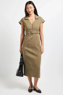 Robe Midi Boutonnée avec Ceinture Petite Taille