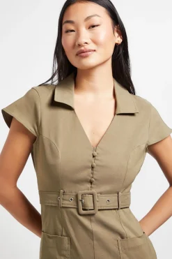 Robe Midi Boutonnée avec Ceinture Petite Taille