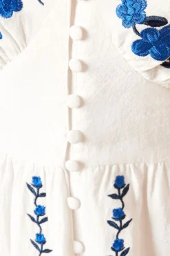 Robe Midi Boutonnée À Broderie Florale Bleue