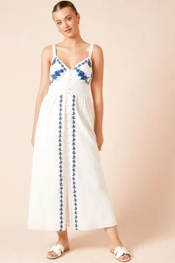 Robe Midi Boutonnée À Broderie Florale Bleue