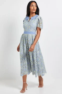 Robe Midi Boutonnée à Col en Dentelle Petite Taille