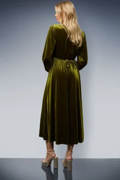 Robe Midi Boutonnée en Velours avec Finition Dentelle