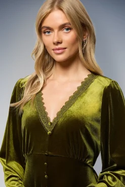 Robe Midi Boutonnée en Velours avec Finition Dentelle
