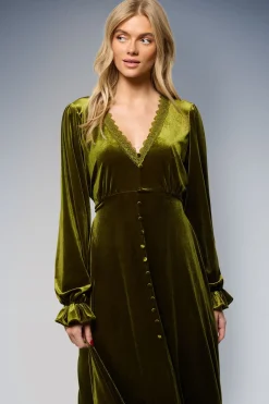 Robe Midi Boutonnée en Velours avec Finition Dentelle
