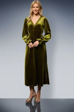 Robe Midi Boutonnée en Velours avec Finition Dentelle