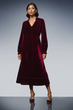 Robe Midi Boutonnée en Velours avec Ceinture à Nouer