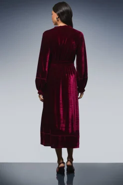 Robe Midi Boutonnée en Velours avec Ceinture à Nouer