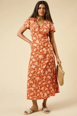 Robe Midi Boutonnée à Manches Volantées Imprimé Floral Petite