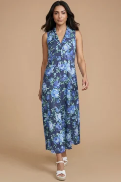 Robe Midi Boutonnée À Motif Floral Bleu Petite
