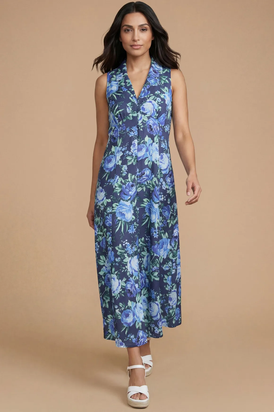 Robe Midi Boutonnée À Motif Floral Bleu Petite