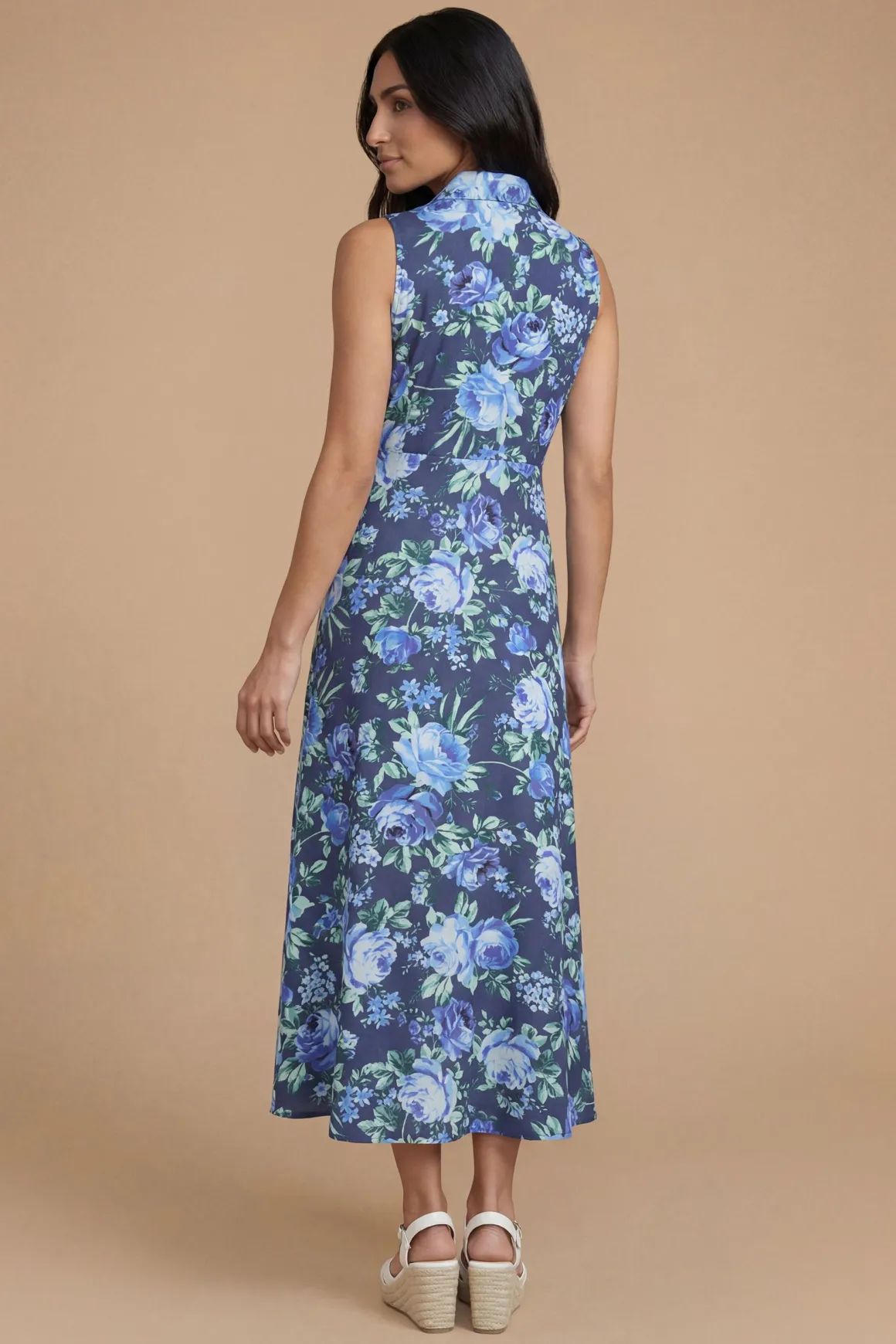 Robe Midi Boutonnée À Motif Floral Bleu Petite