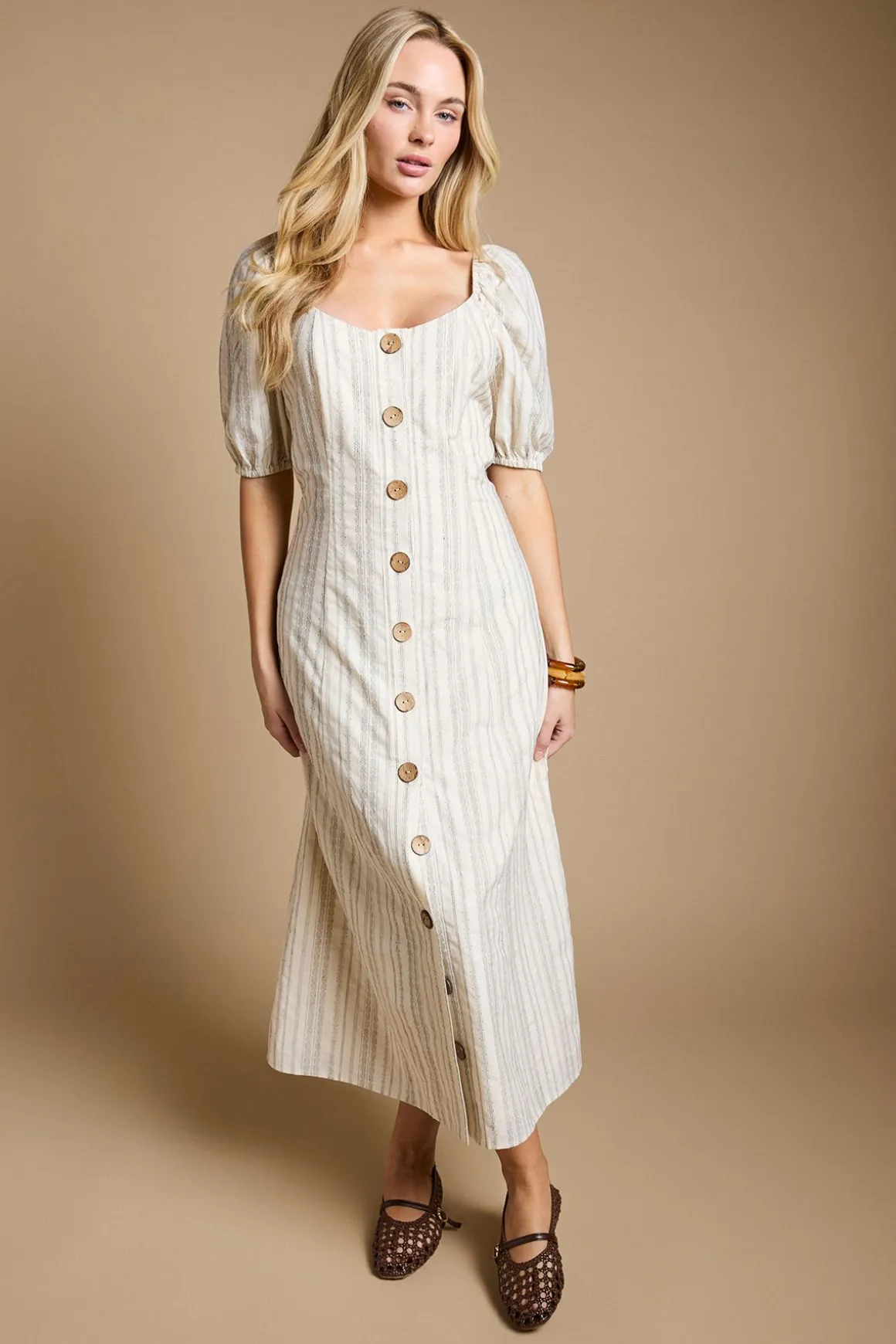 Robe Midi Boutonnée À Rayures