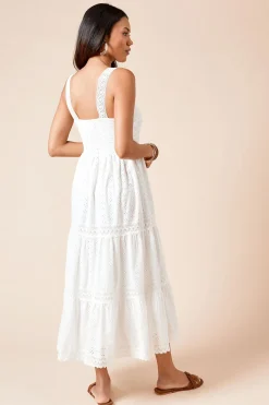 Robe Midi À Bretelles Avec Broderie Anglaise Et Insertions De Dentelle Blanche
