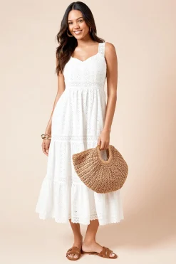 Robe Midi À Bretelles Avec Broderie Anglaise Et Insertions De Dentelle Blanche
