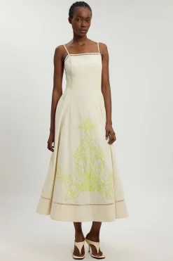Robe Midi À Bretelles En Mélange De Lin Avec Broderie Ajourée Et Perles