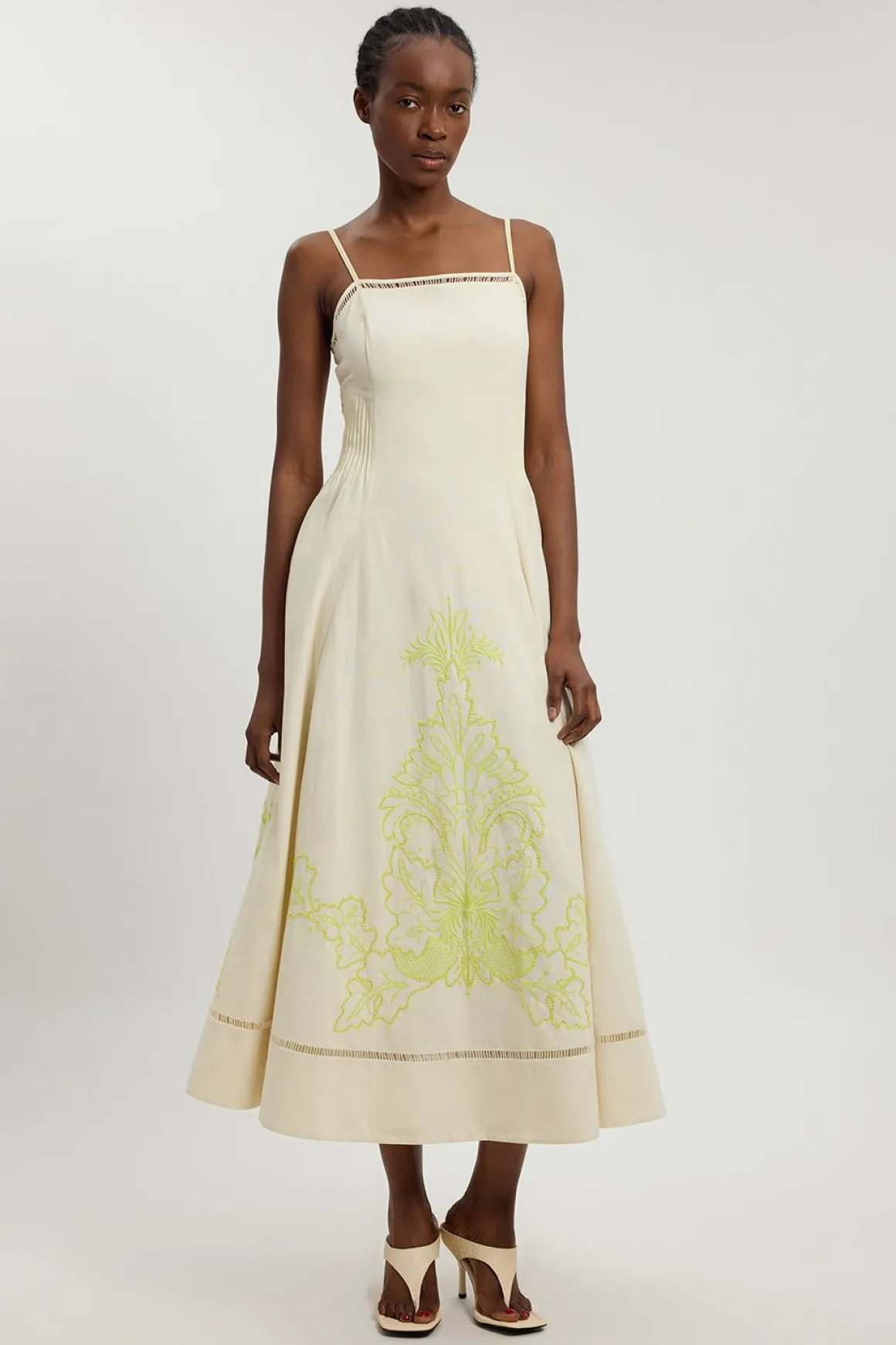 Robe Midi À Bretelles En Mélange De Lin Avec Broderie Ajourée Et Perles