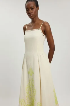 Robe Midi À Bretelles En Mélange De Lin Avec Broderie Ajourée Et Perles