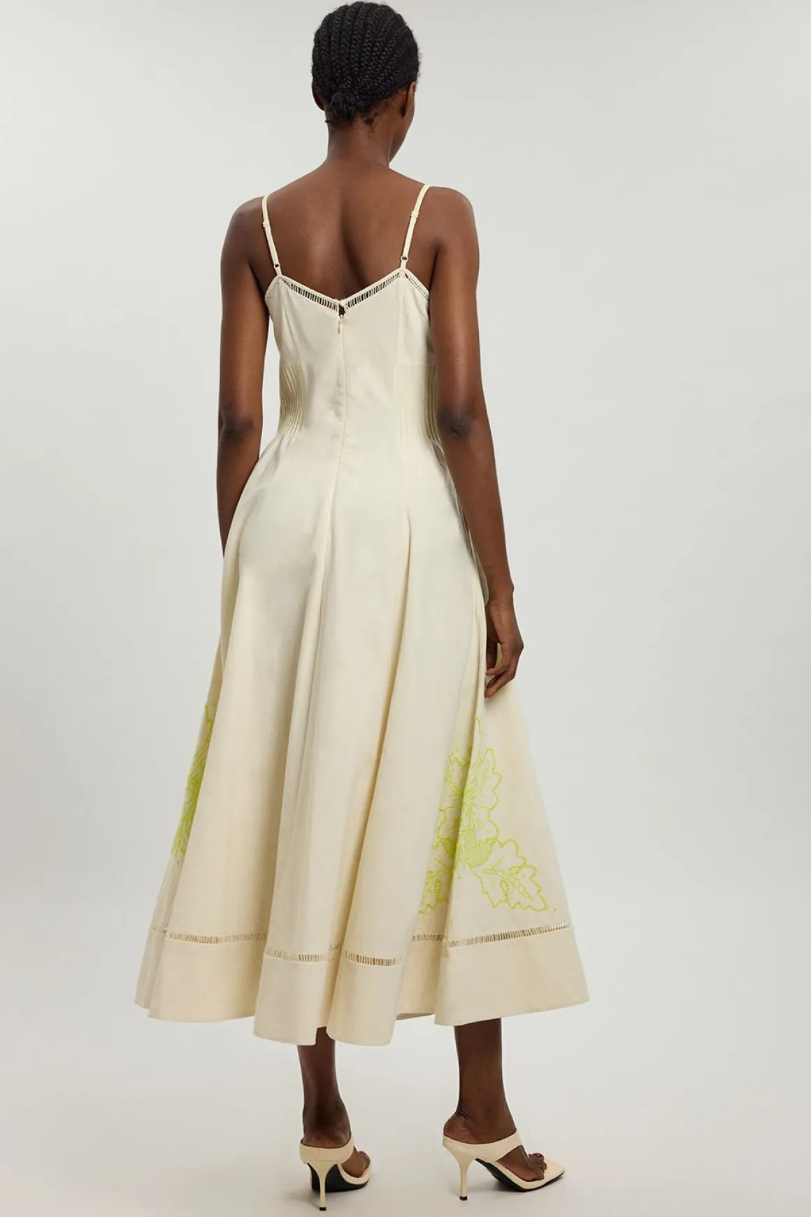Robe Midi À Bretelles En Mélange De Lin Avec Broderie Ajourée Et Perles