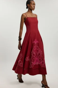 Robe Midi À Bretelles En Mélange De Lin Avec Broderie Ajourée Perlée