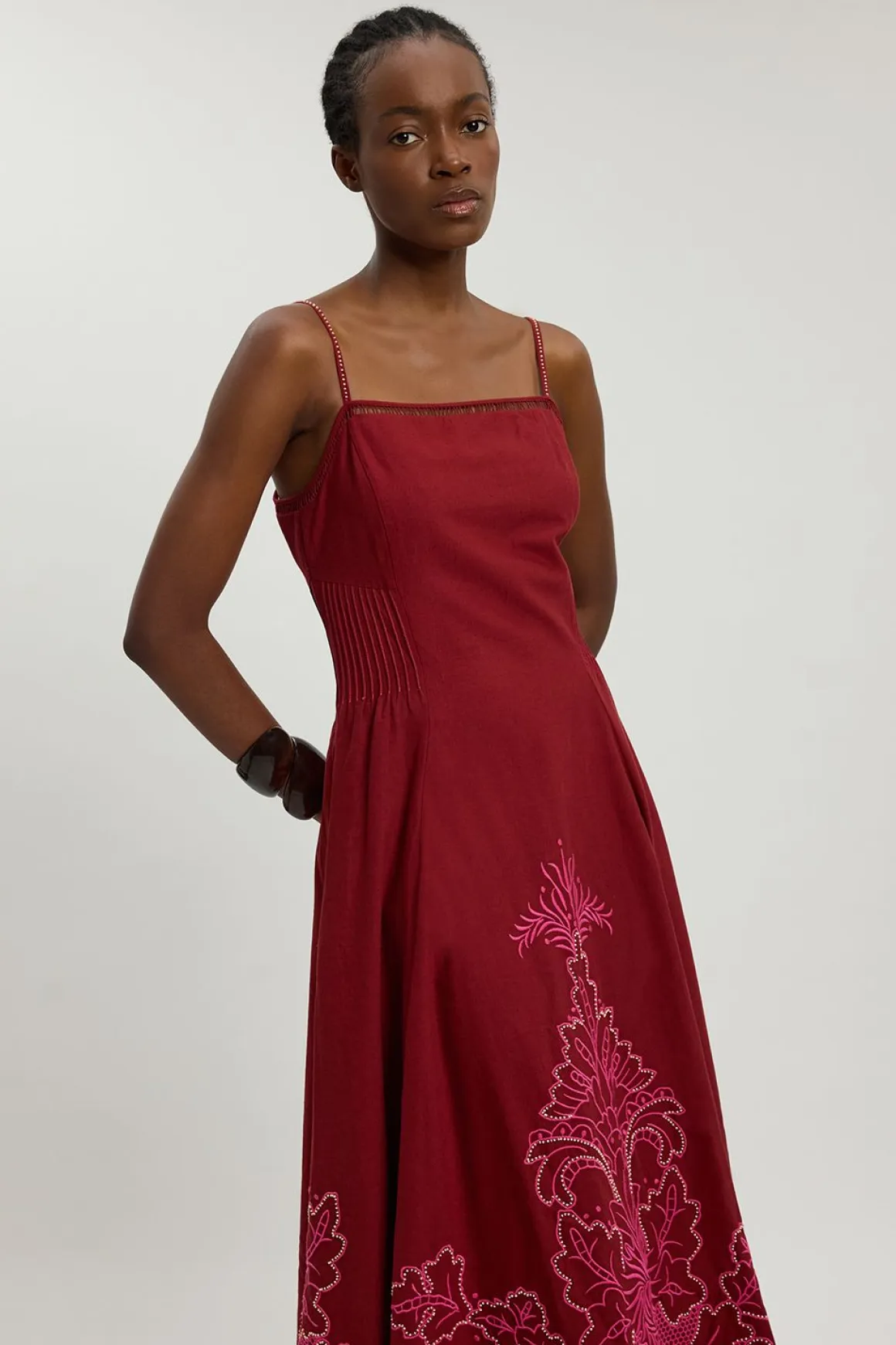 Robe Midi À Bretelles En Mélange De Lin Avec Broderie Ajourée Perlée