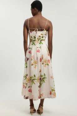 Robe Midi À Bretelles Fines En Coton Et Soie À Motif Floral