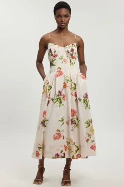 Robe Midi À Bretelles Fines En Coton Et Soie À Motif Floral