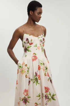 Robe Midi À Bretelles Fines En Coton Et Soie À Motif Floral