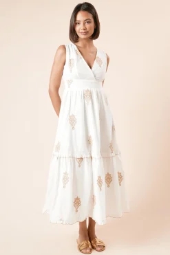 Robe Midi Brodée À Bretelles Avec Dos Noué