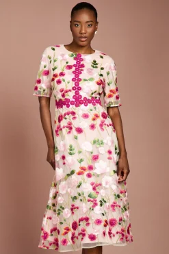 Robe Midi Brodée Florale Avec Dentelle Appliquée