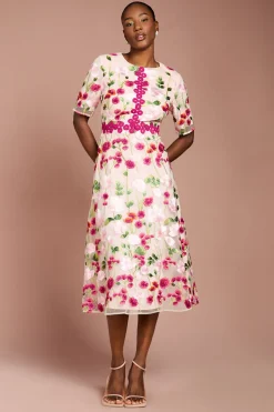 Robe Midi Brodée Florale Avec Dentelle Appliquée