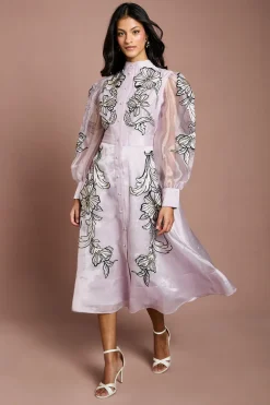 Robe Midi Brodée À Manches Longues Petite Taille