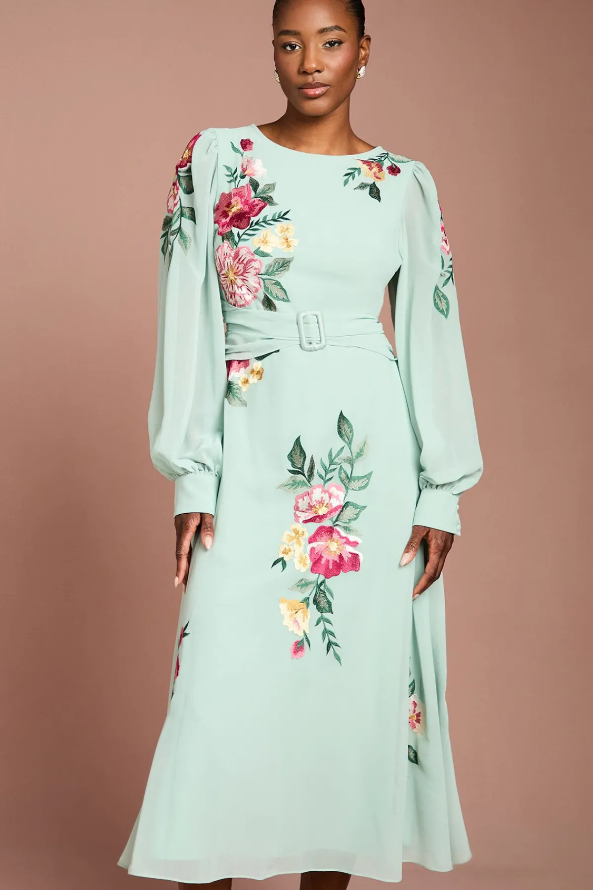 Coast Robe Midi Brodée À Manches Longues Avec Ceinture<Femme Robes Mi-Longues|Robes À Manches Longues