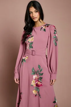 Coast Robe Midi Brodée À Manches Longues Avec Ceinture Petite<Femme Robes Mi-Longues|Robes À Manches Longues