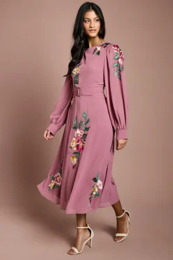 Coast Robe Midi Brodée À Manches Longues Avec Ceinture Petite<Femme Robes Mi-Longues|Robes À Manches Longues