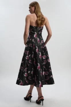 Robe Midi Bustier à Jupe Ample en Jacquard