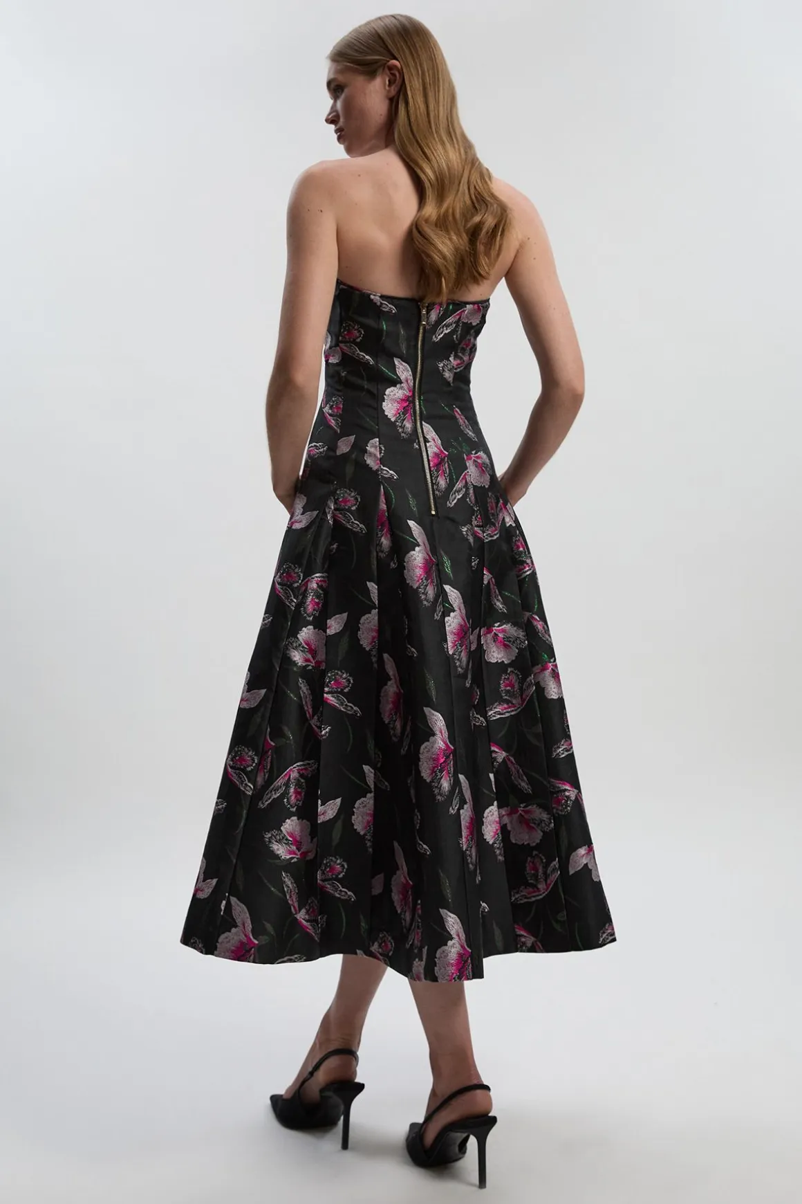 Robe Midi Bustier à Jupe Ample en Jacquard